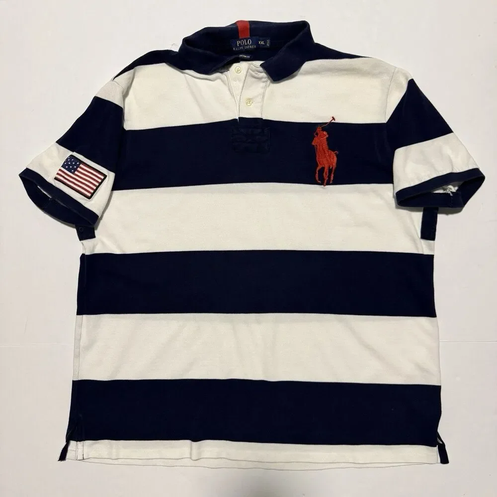 Polo Ralph Lauren Big Pony USA Flag Rugby Shirt Men’s XXL Custom Fit Blue White
